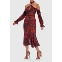 Forever Unique Roxanna Leopard Print Cold-Shoulder Contrast Ruffle Dress – Red – 8