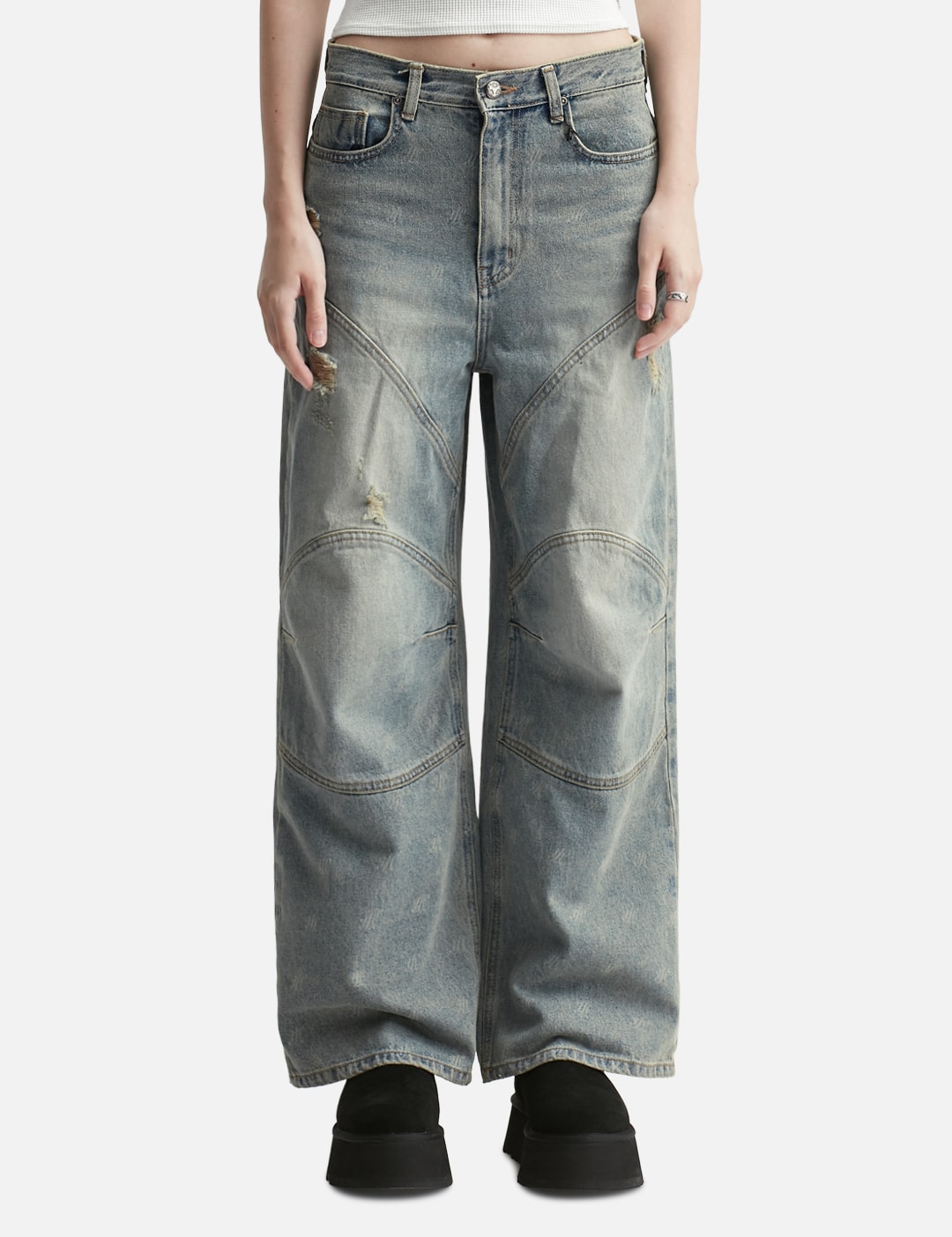 Logo Print Paneled Pants Blue