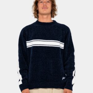 Mens White Lines Chenille Crew Neck