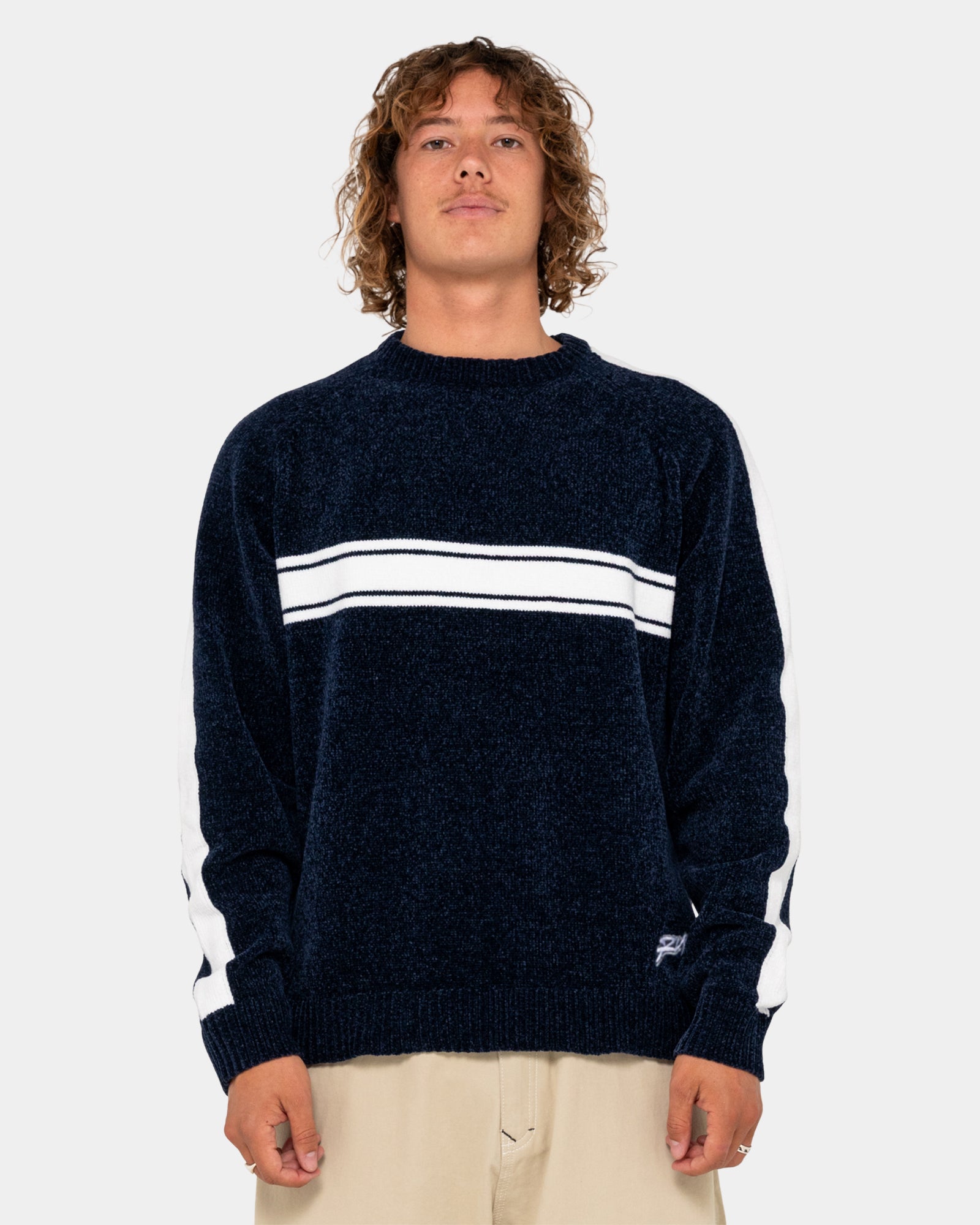 Mens White Lines Chenille Crew Neck