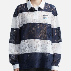 Navy Lace Stripe Piqué Top