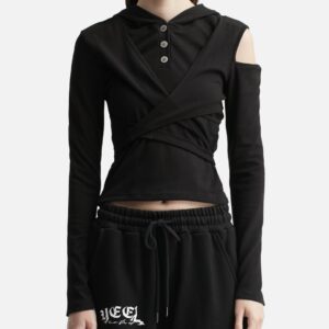 Strap Hooded Long Sleeve Top Black Strap Hooded Long Sleeve Top Black