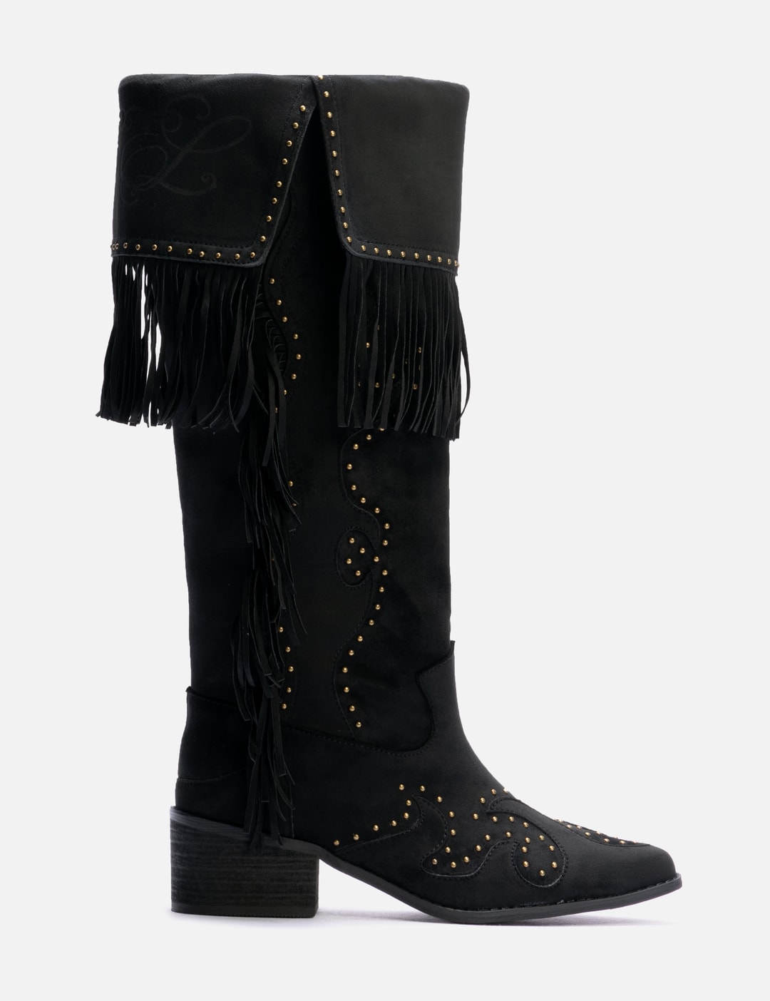 Studded Suede Fringe Boots Black