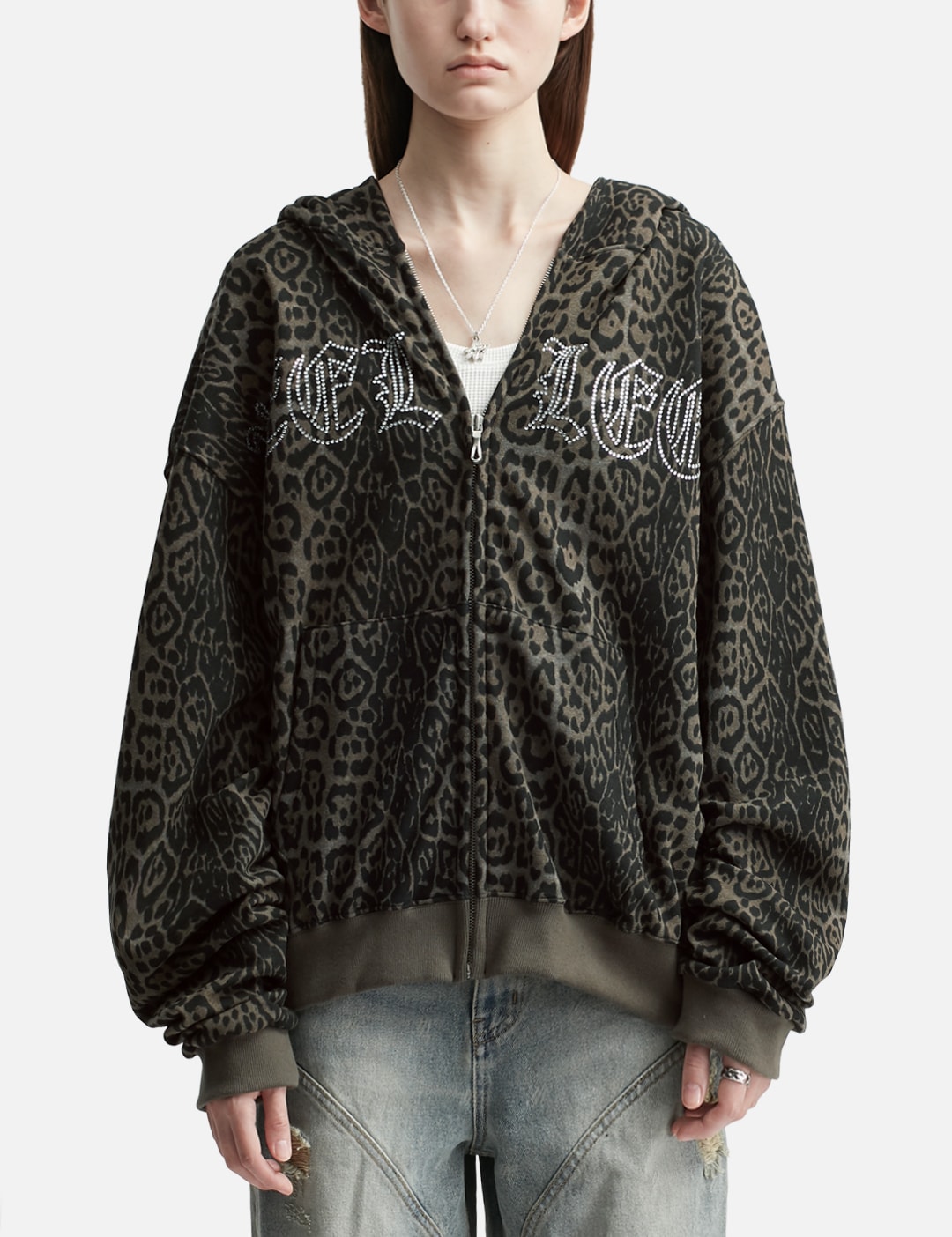 Studded Zip-up Hoodie Oversized Leopard